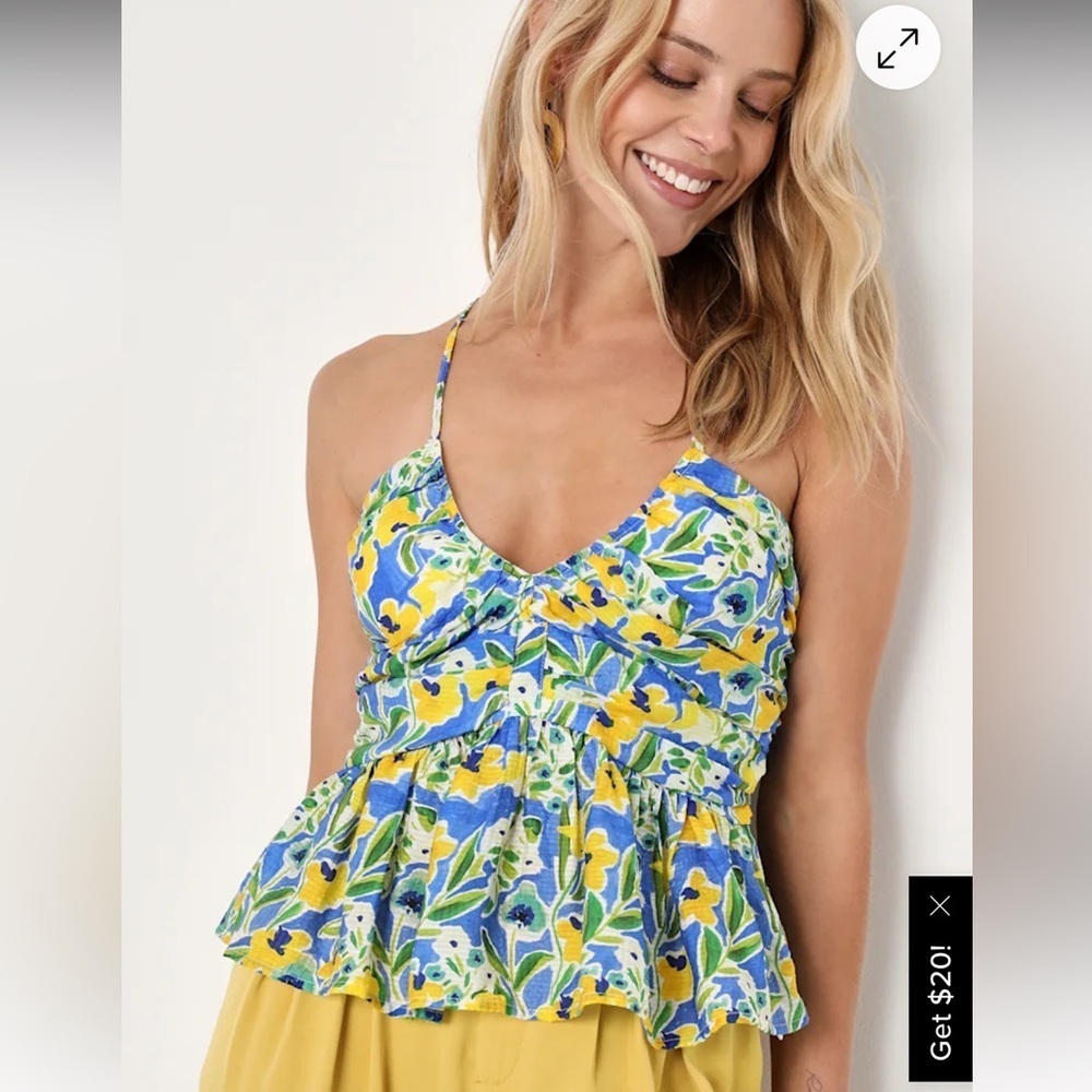 Lulus Artful Allure Blue Multi Floral Sleeveless Peplum Cami Top Medium